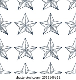Padrão sem costura forma estrela de Natal desenhado à mão ilustração vetor isolada. Estrela de brinquedo de árvore de Natal para cartaz de férias, festa, cartões de Ano Novo, saudação, feriado, convite. Padrão de estilo de gravação