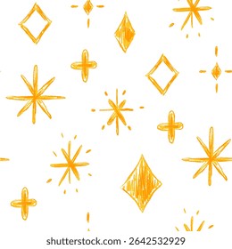 Seamless pattern of Christmas stars drawn with crayon or chalk brush texture. Xmas wallpaper