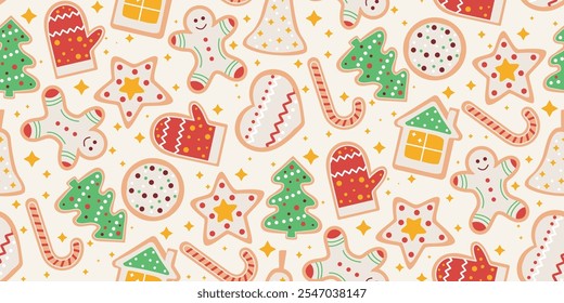 Seamless pattern with Christmas stars and glazed gingerbread. Festive traditional baking background. Cookies of different shapes, cozy print for textile, packaging, paper, vector graphics