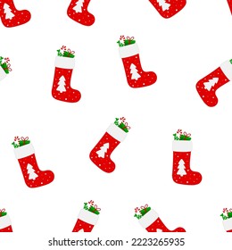 Seamless pattern Christmas stocking gifts vector illustration