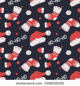 Seamless pattern with Christmas stocking, mittens and Santa hat. Vector holiday texture in flat style. Merry Christmas and Happy New Year. Suitable for wallpaper, wrapping paper, fabric, etc.