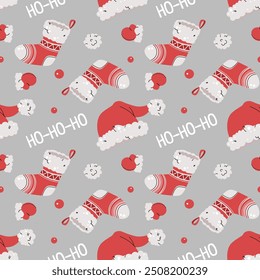 Seamless pattern with Christmas stocking, mittens and Santa hat. Vector holiday texture in flat style. Merry Christmas and Happy New Year. Suitable for wallpaper, wrapping paper, fabric, etc