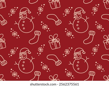 Seamless pattern with Christmas stocking, snowman and gift. Cute Christmas wallpaper for fabric printing, gift wrapping paper, background