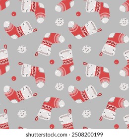 Seamless pattern with Christmas stocking. Vector holiday texture in flat style. Merry Christmas and Happy New Year. Suitable for wallpaper, wrapping paper, fabric, etc.