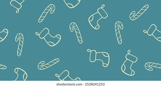 Seamless pattern with Christmas stockings and candy canes outlines on blue, doodle style vector