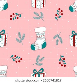 seamless pattern with Christmas stockings, gift boxes, and festive leaves on pink background. Ideal for holiday wrapping, children’s products, and seasonal designs.