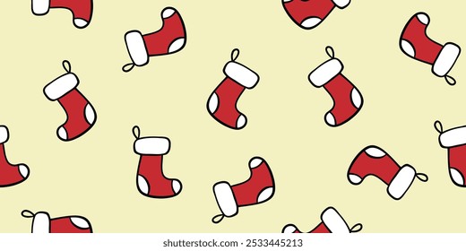 Seamless pattern with Christmas stockings on yellow, doodle style vector