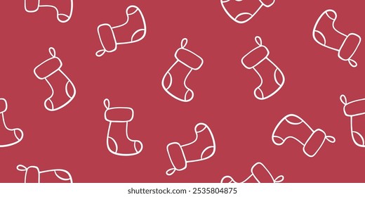 Seamless pattern with Christmas stockings outlines on red, doodle style vector