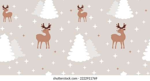 Seamless pattern. Christmas stories. Winter forest. Christmas, deer, Christmas tree, Christmas star. Pattern for holiday packaging, wallpapers, backgrounds.