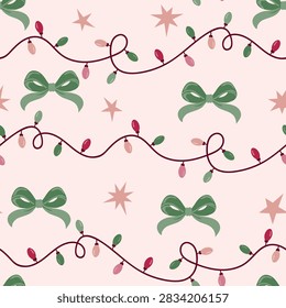 Seamless pattern with Christmas string lights, green ribbon bows and stars on light background