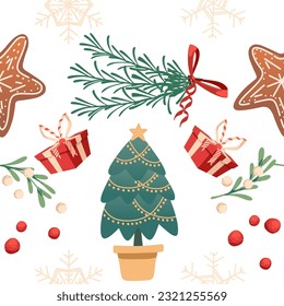 Seamless pattern with christmas style with gift boxes and mistletoe vector illustration on white background