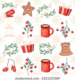 Seamless pattern with christmas style with gingerbread cup and mistletoe vector illustration on white background