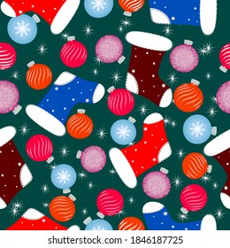 Seamless pattern. Christmas style. Red, blue Christmas balls, toys. Christmas sock for gifts. dark background . Vector