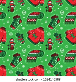 Seamless pattern. Christmas. Sweater, scarf, socks, mittens. Vector. Green and red colors.