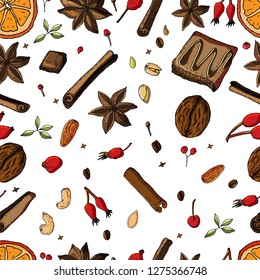 Seamless pattern with Christmas sweet desserts and cinnamon, coffee beans, spices.
Endless texture for festive design and decoration.
