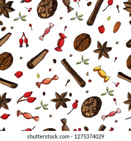 Seamless pattern with Christmas sweet desserts and cookies.
Endless texture for festive design and decoration.