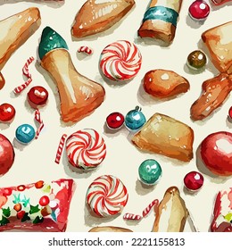 Seamless pattern christmas sweets, aquarelle xmas candy endless pattern. Winter collection