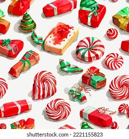 Seamless pattern christmas sweets, aquarelle xmas candy endless background pattern. New-year holidays