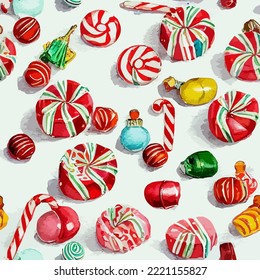 Caramelos de navidad sin foco, caramelos de arelle, un interminable patrón de fondo. Fiestas de año nuevo