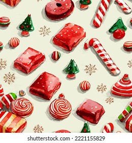 Caramelos de navidad sin foco, dulces de navidad acuarelas, caramelos de caramelo sin fin. Fiestas de año nuevo