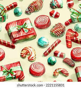 Seamless pattern christmas sweets, aquarelle candies endless pattern. New-year holidays
