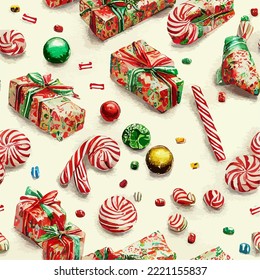 Seamless pattern christmas sweets, aquarelle xmas candy endless background pattern. Multicolor