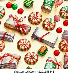 Seamless pattern christmas sweets, aquarelle candies endless background pattern. Multicolor