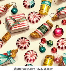 Seamless pattern christmas sweets, aquarelle candies endless pattern. Multicolor