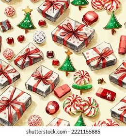 Seamless pattern christmas sweets, aquarelle candies endless background pattern. Winter holidays