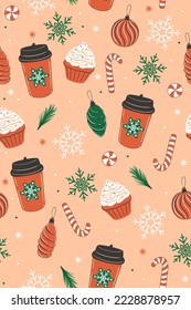 Seamless pattern with Christmas sweets and coffee. Vector graphics.