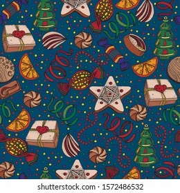 Seamless pattern christmas  sweets, cookies, nuts, on color  background