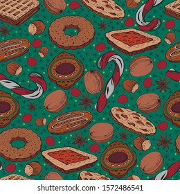 Seamless pattern christmas  sweets, cookies, nuts, on color  background