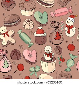 Patrón inmaculado con dulces de navidad y decoración. Textura sin fin para el diseño festivo y la decoración.
