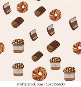 Seamless pattern with Christmas sweets in flat cartoon style. Italian cake Panettone, Christmas Log and cookies. Cute endless background New year and Christmas.