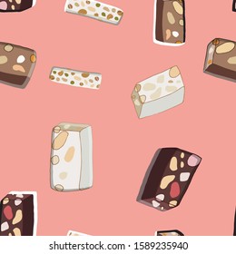 Seamless pattern with Christmas sweets and nougat desserts. Cute endless background New year and Christmas. Vector illustration.