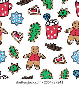 Seamless pattern of Christmas sweets on a white background - gingerbread, cookies, hot chocolate, cinnamon. Vector doodle illustration for packaging, web design