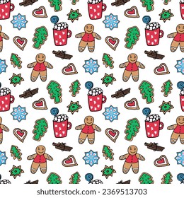 Seamless pattern of Christmas sweets on a white background - gingerbread, cookies, hot chocolate, cinnamon. Vector doodle illustration for packaging, web design