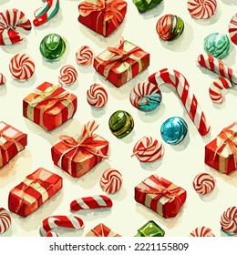 Seamless pattern christmas sweets, watercolor candy background pattern. Winter collection