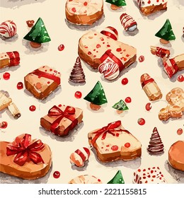 Seamless pattern christmas sweets, watercolor xmas candies background pattern. Winter collection