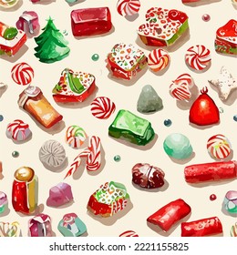 Seamless pattern christmas sweets, watercolor xmas candies background pattern. New-year holidays