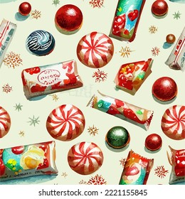 Seamless pattern christmas sweets, watercolor candy endless pattern. Multicolor