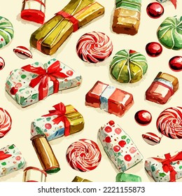 Seamless pattern christmas sweets, watercolor candy background pattern. Winter holidays