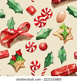 Seamless pattern christmas sweets, watercolor candy endless pattern. Winter holidays