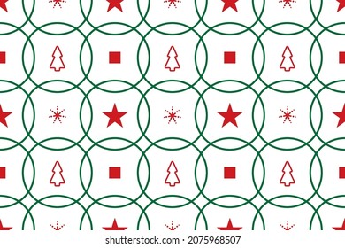 Patrón sin brillo con símbolo de Navidad, color verde y rojo sobre fondo blanco, estrella geométrica y forma rectangular. Ilustración vectorial.