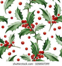 Seamless Pattern with Christmas Symbol - Holly Leaves on White Background.