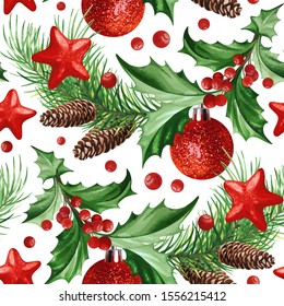 Seamless pattern with Christmas symbol - Holly leaves, Christmas tree with cones, stars and balls on white background. 