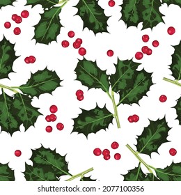 Seamless Pattern with Christmas Symbol - Holly Leaves on White Background. Hand drawn vector illustration for wrapping paper, textile print.