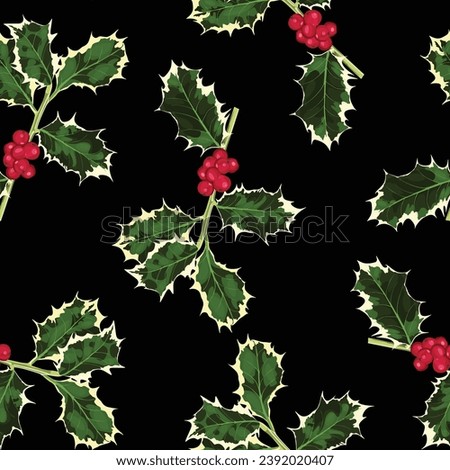 Seamless Pattern with Christmas Symbol - Holly Leaves on Blak Background. Hand drawn vector illustration for wrapping paper, textile print.