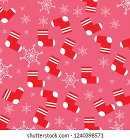 Seamless pattern of Christmas symbol, Red socks and Snowflakes with sweet colours. Vector illustration.