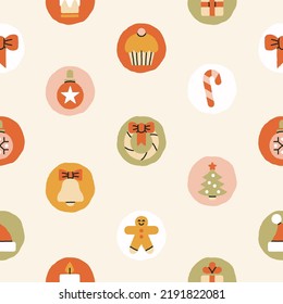 Patrón sin inconvenientes con los símbolos de Navidad. Estilo depurado, colores pastel. Concepto de Año Nuevo y Navidad. Ideal para el embalaje. Ilustración vectorial dibujada a mano. Impresión, tela, papel envolvente, etc.